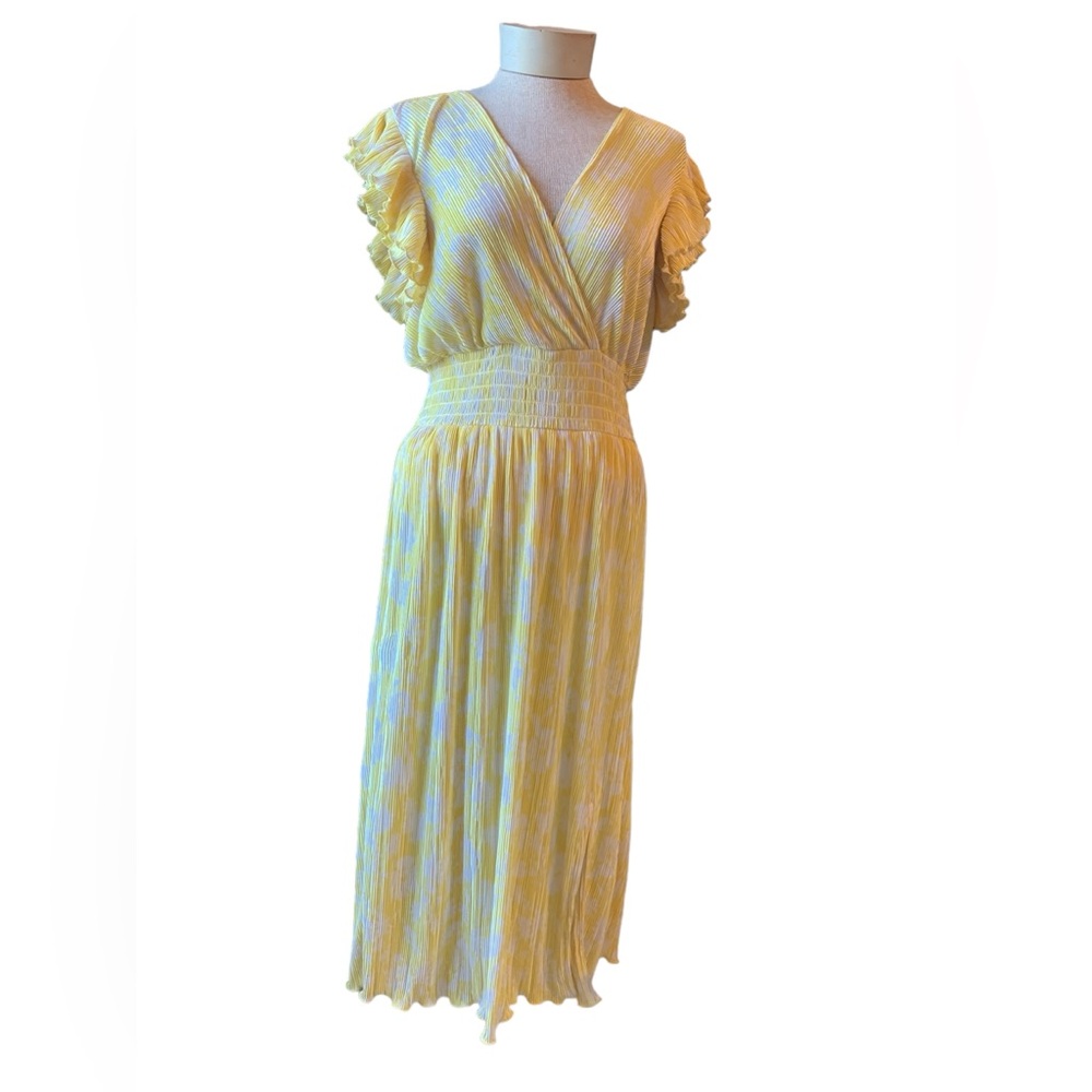 CHELSEA28 Flutter Sleeve Plissé Midi Dress In Yellow Citron Jenna Blooms Sz 1